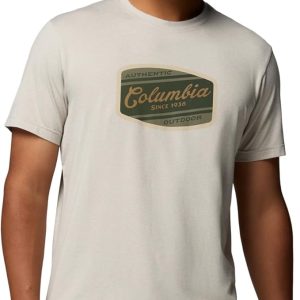 COLUMBIA PARSONS POINT SS GRAPHIC TEE DARK STONE HEATHER, BADGE LABEL